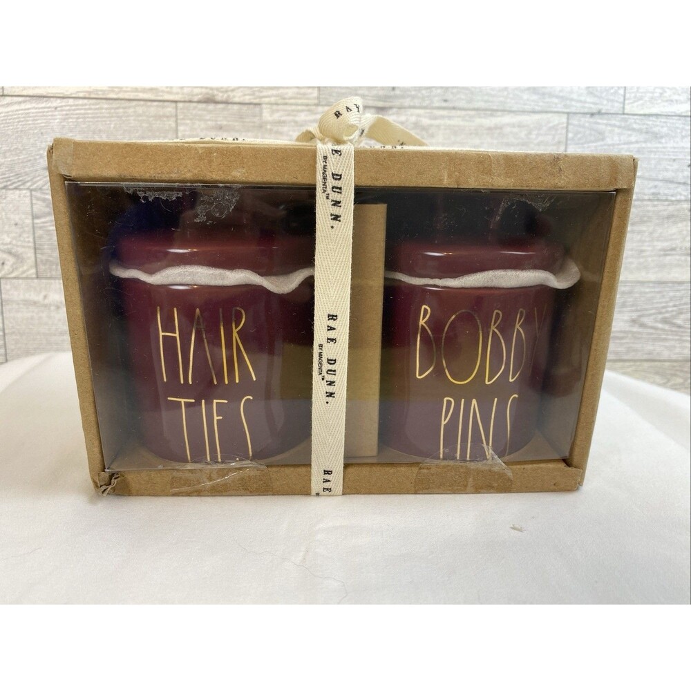 Rae Dunn HAIR TIES and BOBBY PINS 2 Small Ceramic Canisters Looped Lids Burgundy